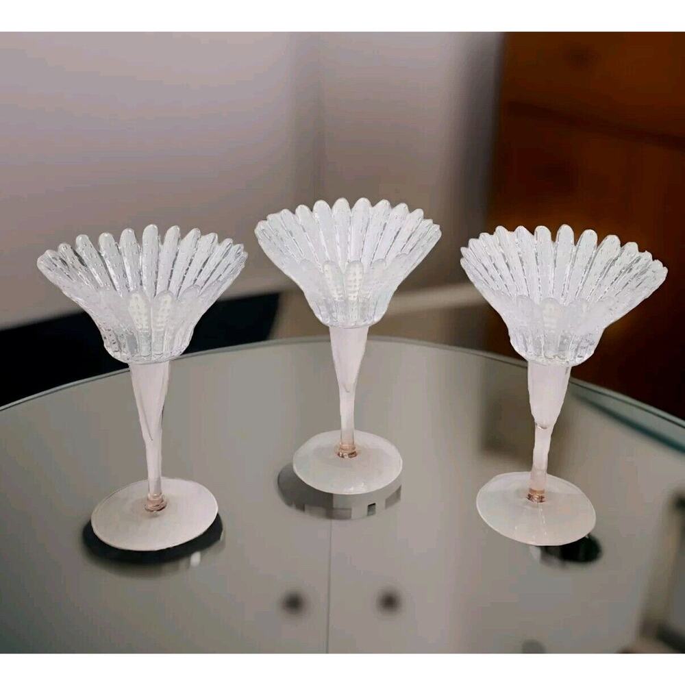 Rare Set of 3 Glass Crystal Flower Candleholders Scalloped Daisy Tealights EUC